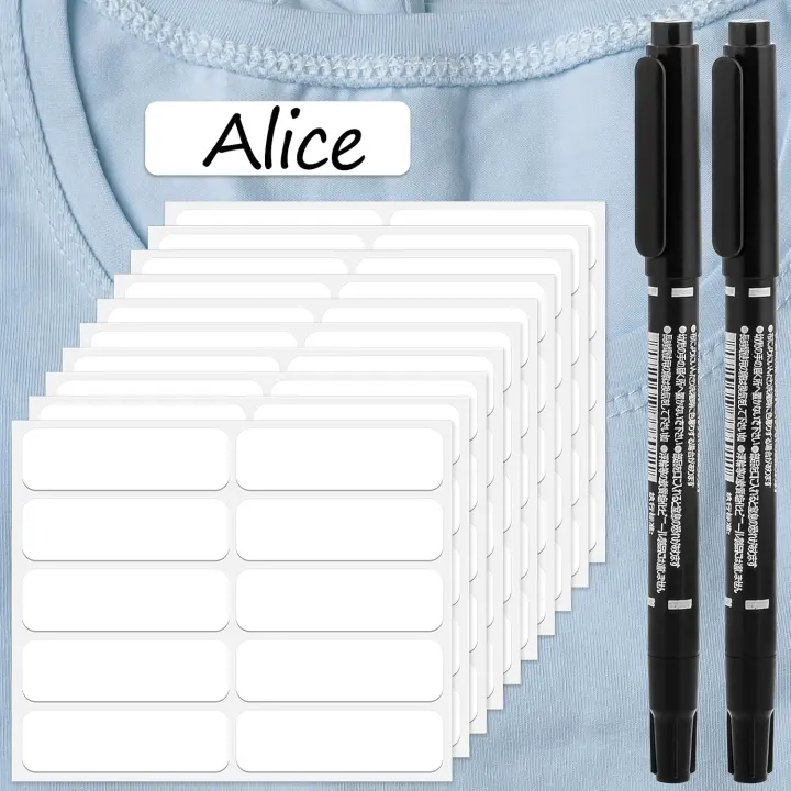 100-Pack Self-Stick Waterproof Clothing Labels with 2 Black Pens