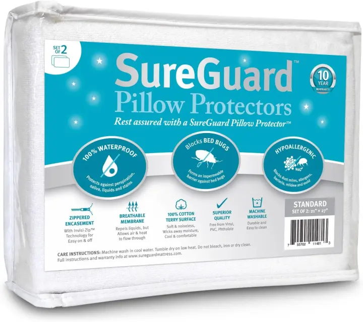 2-Pack Standard Pillow Protectors — Zippered Cotton Terry, Waterproof