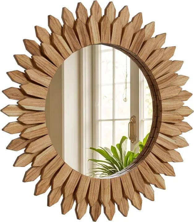28-Inch Round Sunburst Wood Wall Mirror — Bohemian Rustic Accent