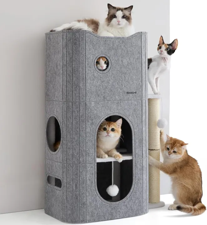 3-Level Indoor Cat Tree with Sisal Scratching Posts — Grey