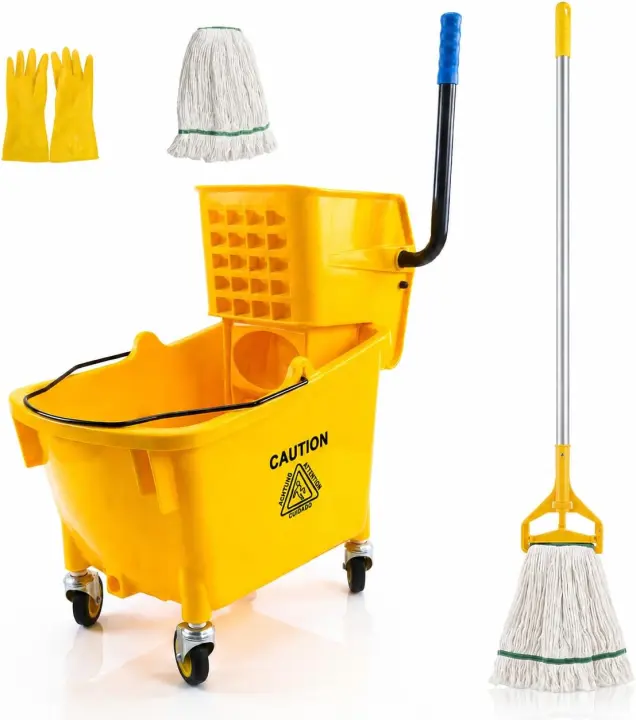35-Quart Commercial Mop Bucket with Side-Press Wringer on Wheels