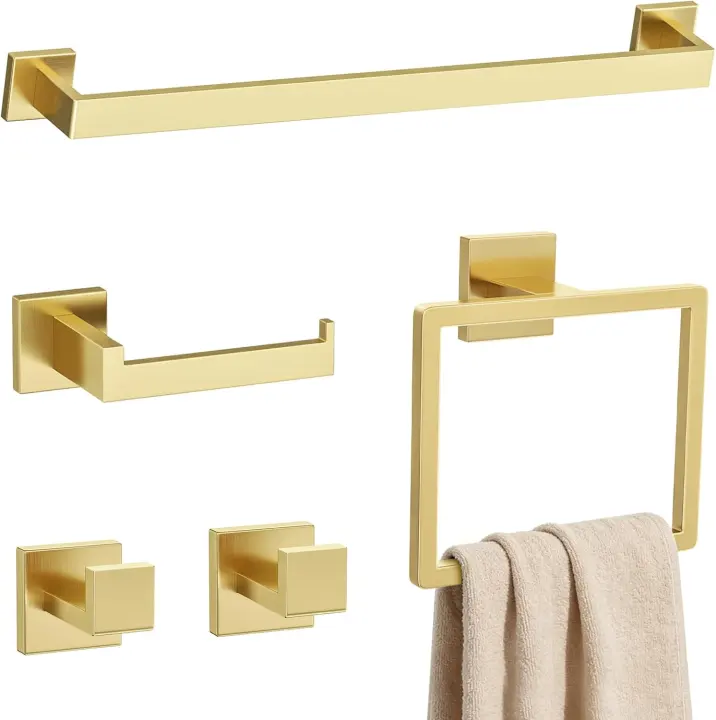 5-Piece Brushed Gold Bathroom Hardware Set — 23.6-inch Wall Towel Rack