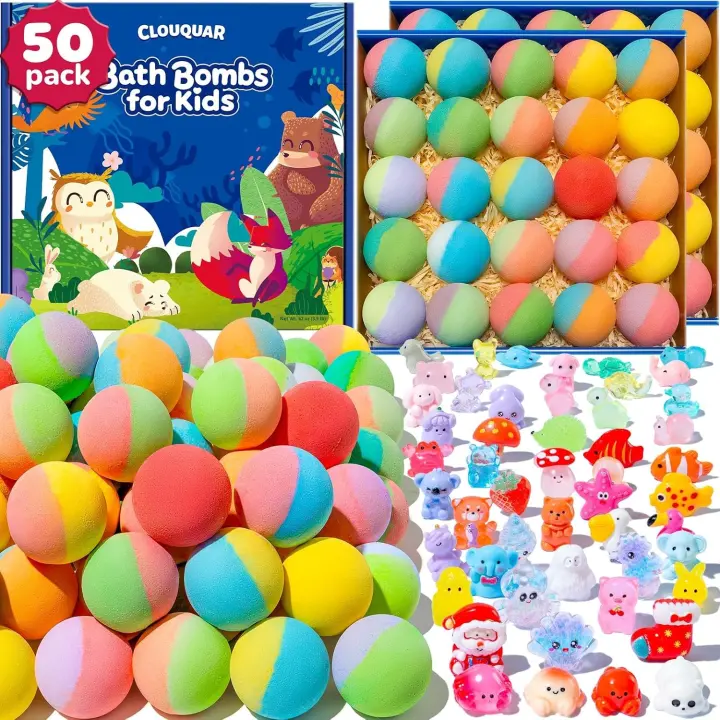 50-Pack Kids Bath Bombs with Surprise Toys and Some Glow Pieces