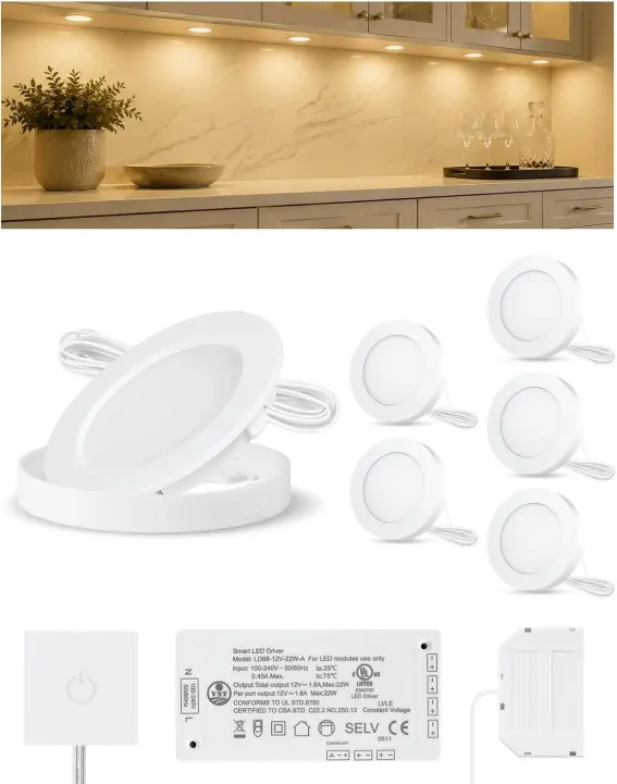 6-Pack Under-Cabinet Puck Lights with Wired Touch Dimmer — 3000K