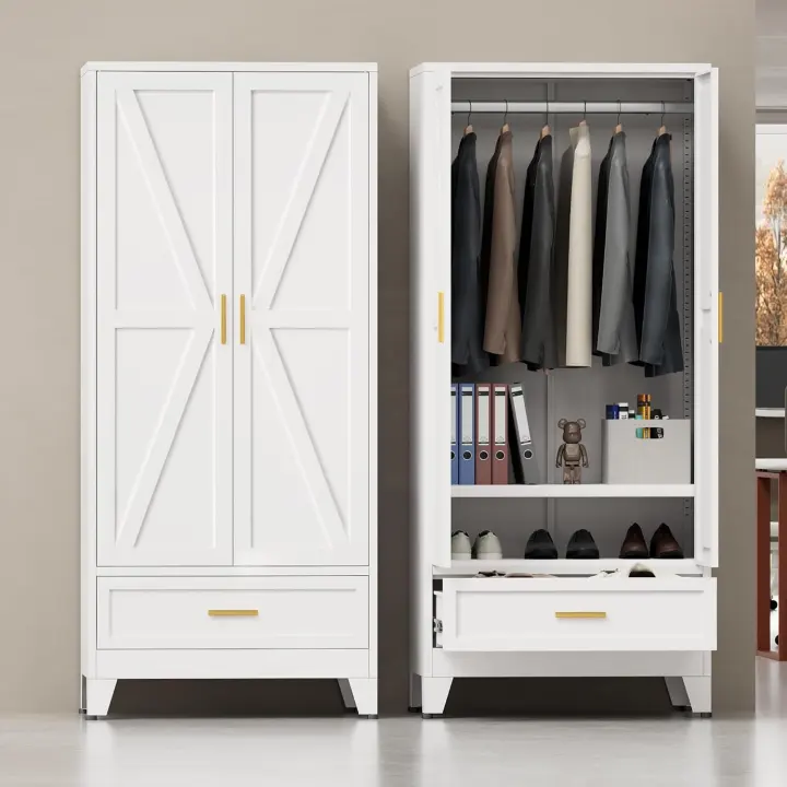 71in Freestanding Metal Wardrobe Armoire with Drawer & Shelf