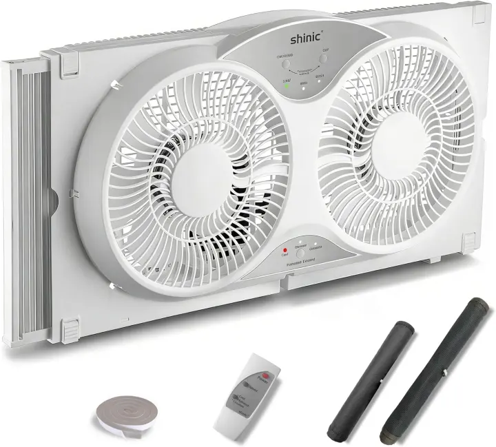 9" Twin Window Fan with Remote — Reversible Airflow, Fits 23.5–37 in