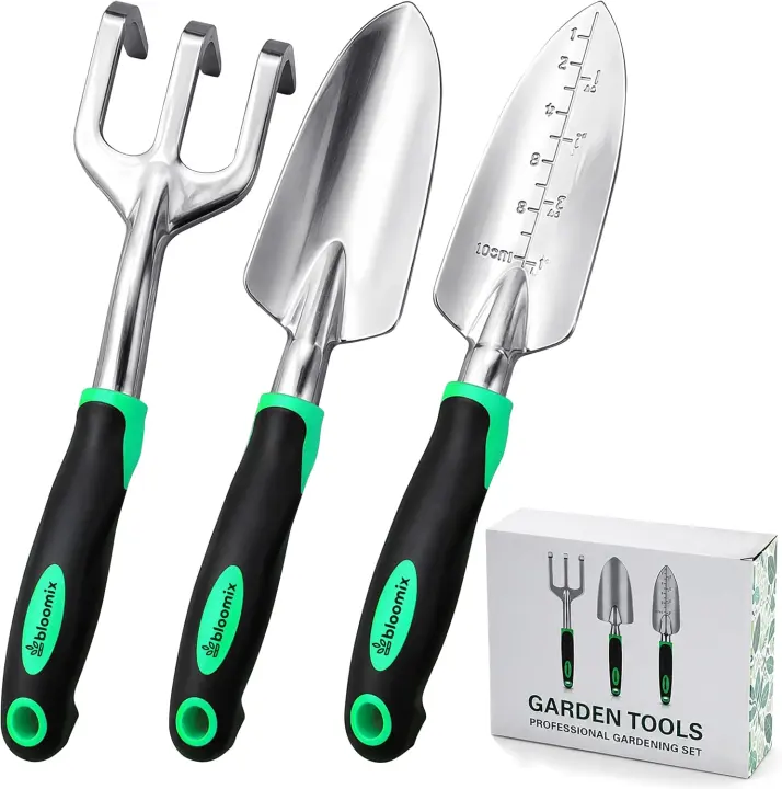 Bloomix 3-Piece Stainless Garden Hand Tool Set — Trowel, Transplanter, Cultivator