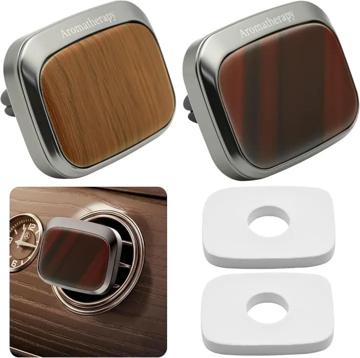Car Vent Air Freshener Clip — Metal & Wood-Grain, 2-Pack with Solid Refills