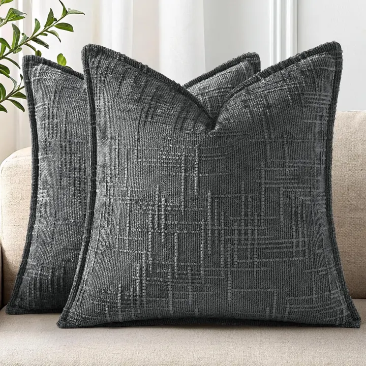 Chenille Throw Pillow Covers 20x20 — Dark Gray Set of 2