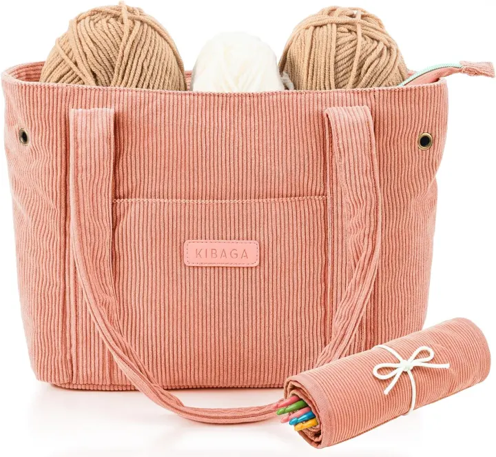 Corduroy Yarn Organizer Tote for Crochet and Knitting Projects