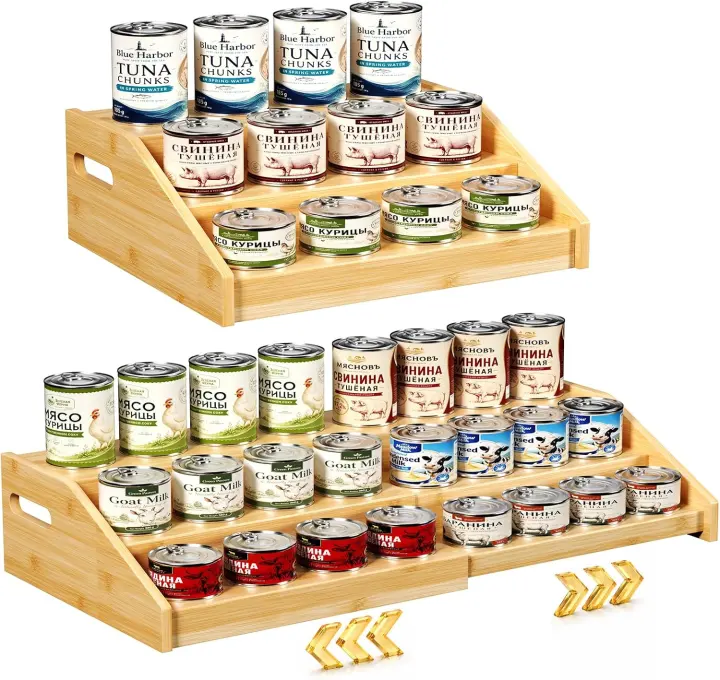 Expandable 3-Tier Bamboo Can Organizer — Pantry Rack (13–24 in)