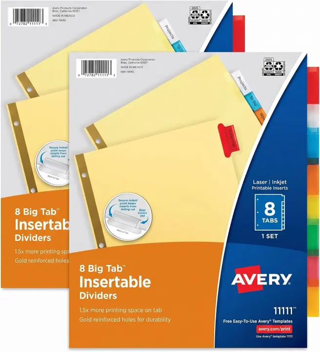 Insertable 8-Tab 3-Ring Binder Dividers — Multicolor Big Tabs, Gold-Reinforced Holes