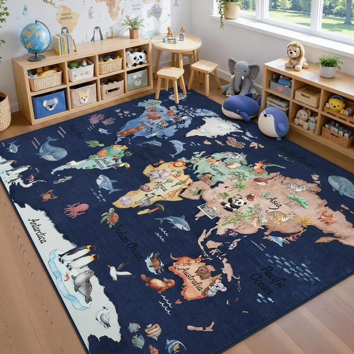 Kids Playroom Rug — Washable World Map Play Mat (Area Rug)