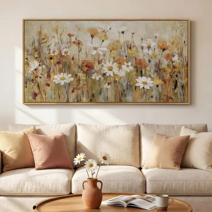 Large Framed Neutral Floral Canvas Wall Art — 30x60 in