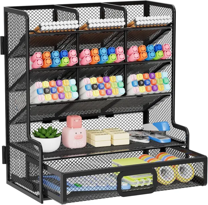 Mesh Desk Organizer with Drawer — Large Multi-Compartment Pen Caddy