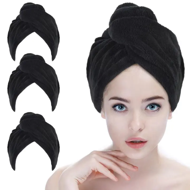 Microfiber Hair Drying Cap — 3-Pack Black Hair Towels