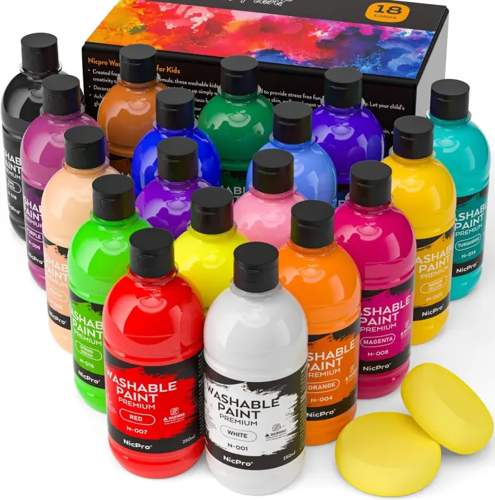 Nicpro 18-Color Large Washable Tempera Paint Set for Kids