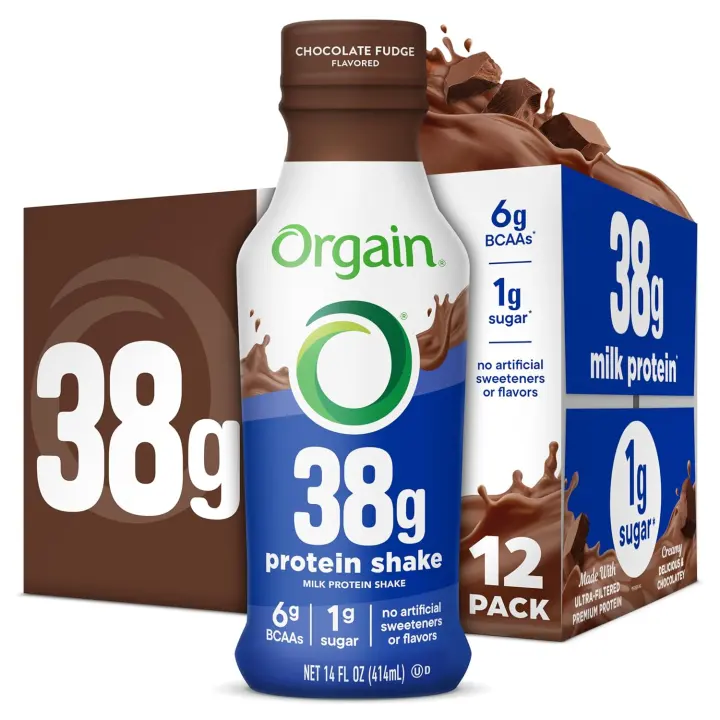Orgain Grass-Fed High Protein Shake — 38g Protein, Chocolate, 14 oz (12‑count)