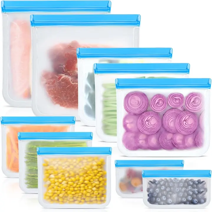 Reusable Silicone Food Storage Bags — 10-Pack, 4 Sizes, Leakproof