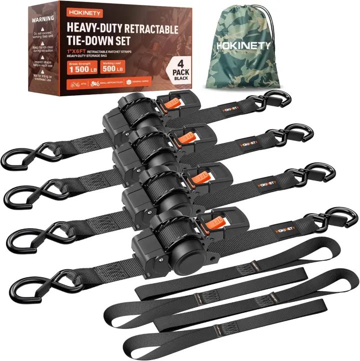 Self-Retracting Ratchet Tie-Downs — 1 in x 6 ft Heavy-Duty Straps