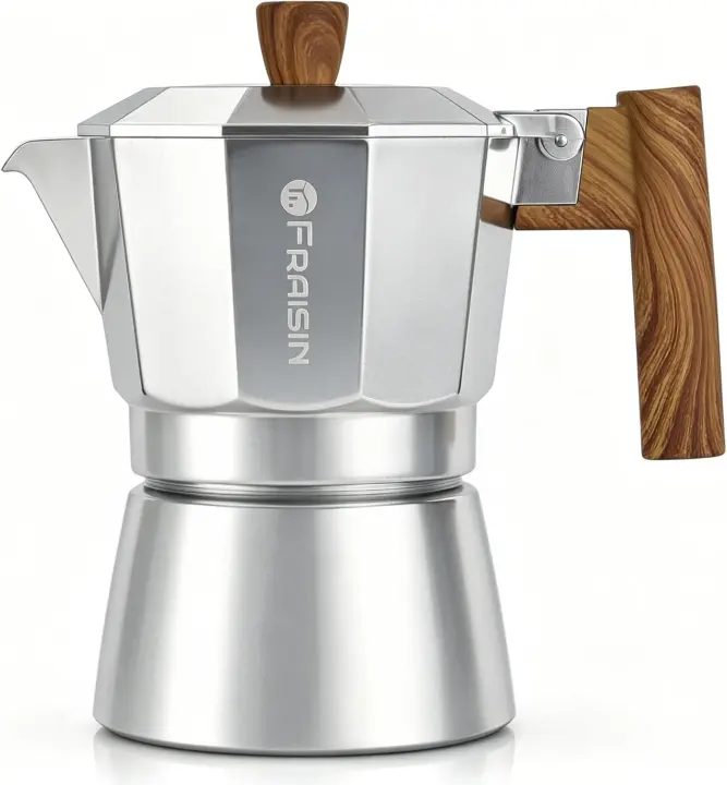 Stovetop Moka Pot Espresso Maker — Cast Aluminum with Wood-Grain Handle (3-cup)