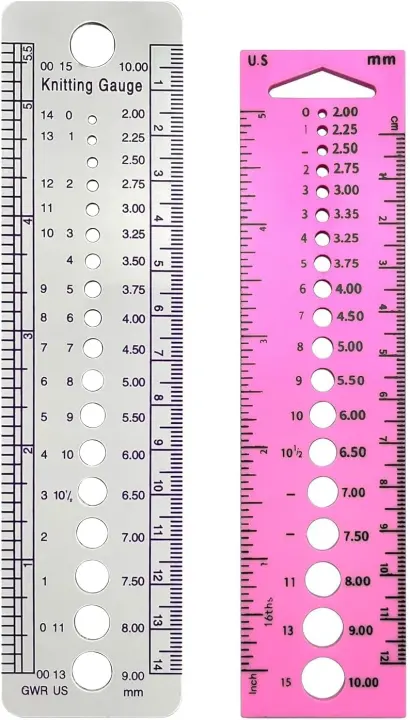 Two-Piece Plastic Knitting Needle Gauge Ruler — White & Pink