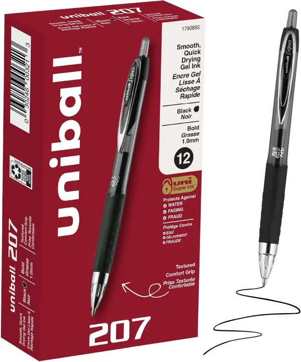 uniball 207 Retractable Gel Pens — 1.0mm Bold Black, 12-Pack