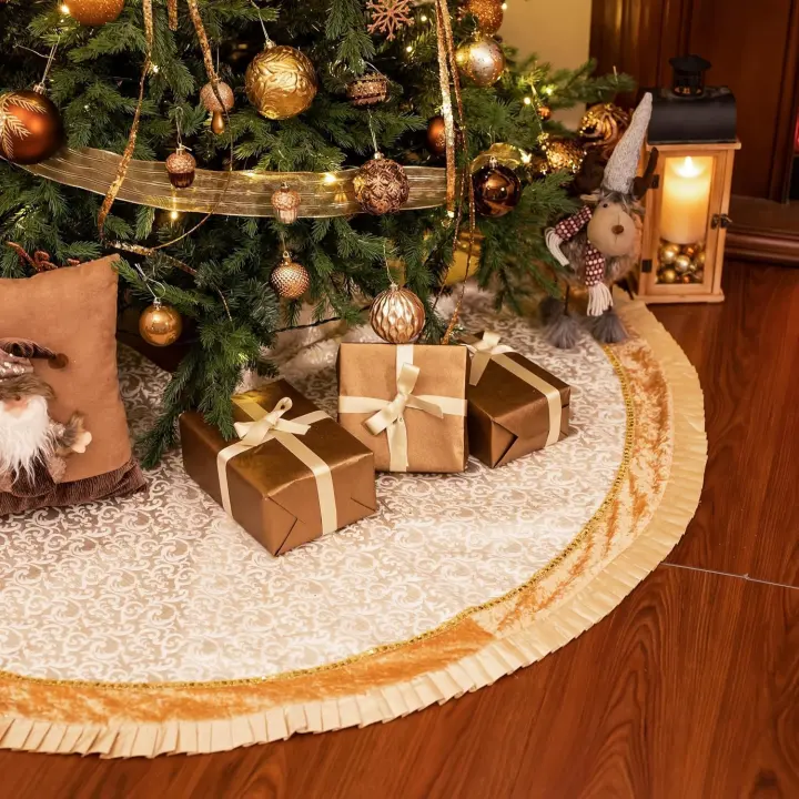 Valery Madelyn 48-Inch Gold Velvet Christmas Tree Skirt for Holiday Trees