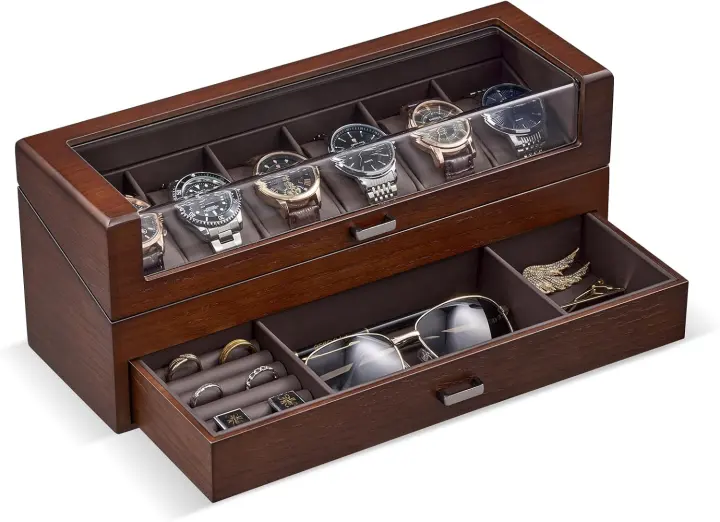 Walnut 2-Tier Wooden 6-Slot Watch Case with Drawer