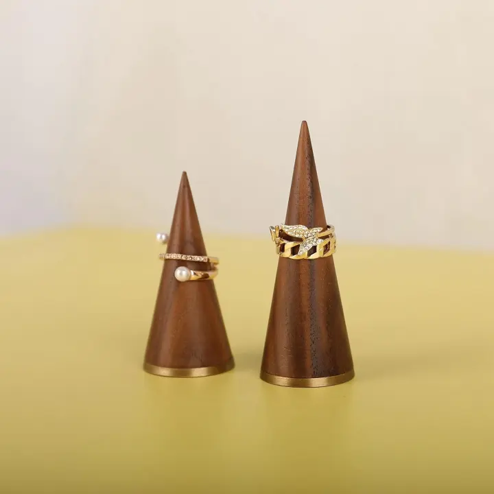 Walnut Wood Ring Cone Display with Brass Bases — 2-Pack