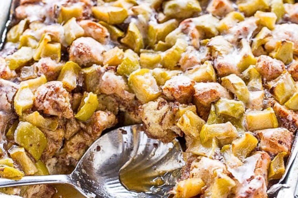 A casserole of cinnamon rolls and caramel apples.