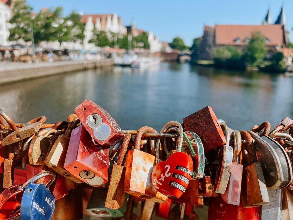 Bridge with locks in Lubeck, Germany.