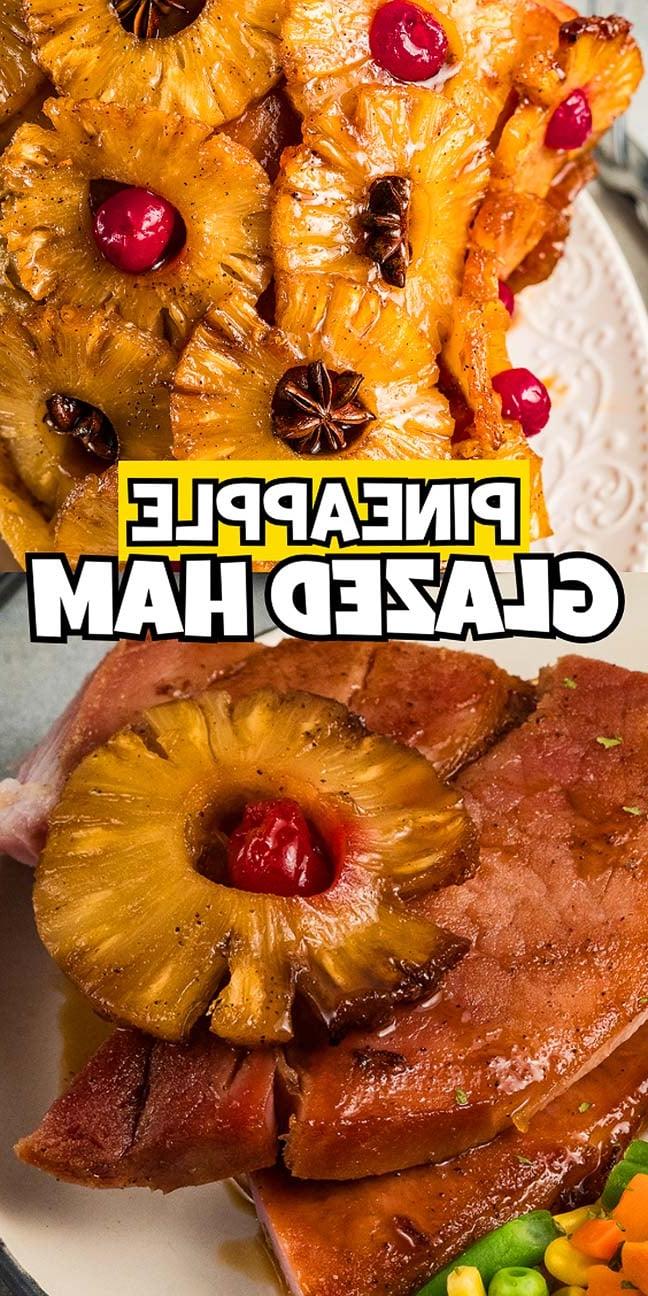 Κοντινό πλάνο ενός γλασέ χοιρινού με ανανά, γαρνιρισμένο με δακτυλίους ανανά, κεράσια και γαρίφαλα, με το κείμενο «Νόστιμο Χοιρινό με Γλάσο Ανανά» να εμφανίζεται στο κέντρο.