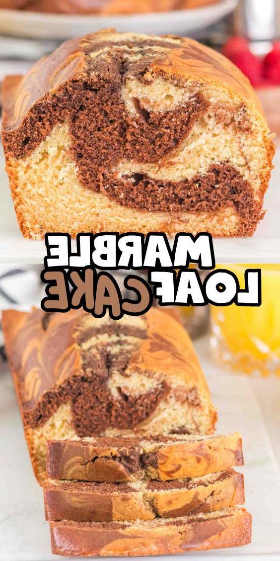 Ένα απολαυστικό μαρμπλ κέικ με στροβιλισμούς σοκολάτας και βανίλιας, κομμένο με μαεστρία και όμορφα τοποθετημένο σε μια παρθένα λευκή επιφάνεια. Το κείμενο στην εικόνα αναγράφει με υπερηφάνεια "Marble Loaf Cake".