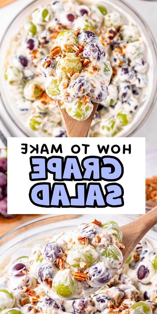 Μια ξύλινη κουτάλα ανασηκώνει κρεμώδη σαλάτα σταφυλιού με πεκάν από ένα μπολ· το κείμενο αναγράφει "Πώς να φτιάξετε συνταγή σαλάτας σταφυλιού.