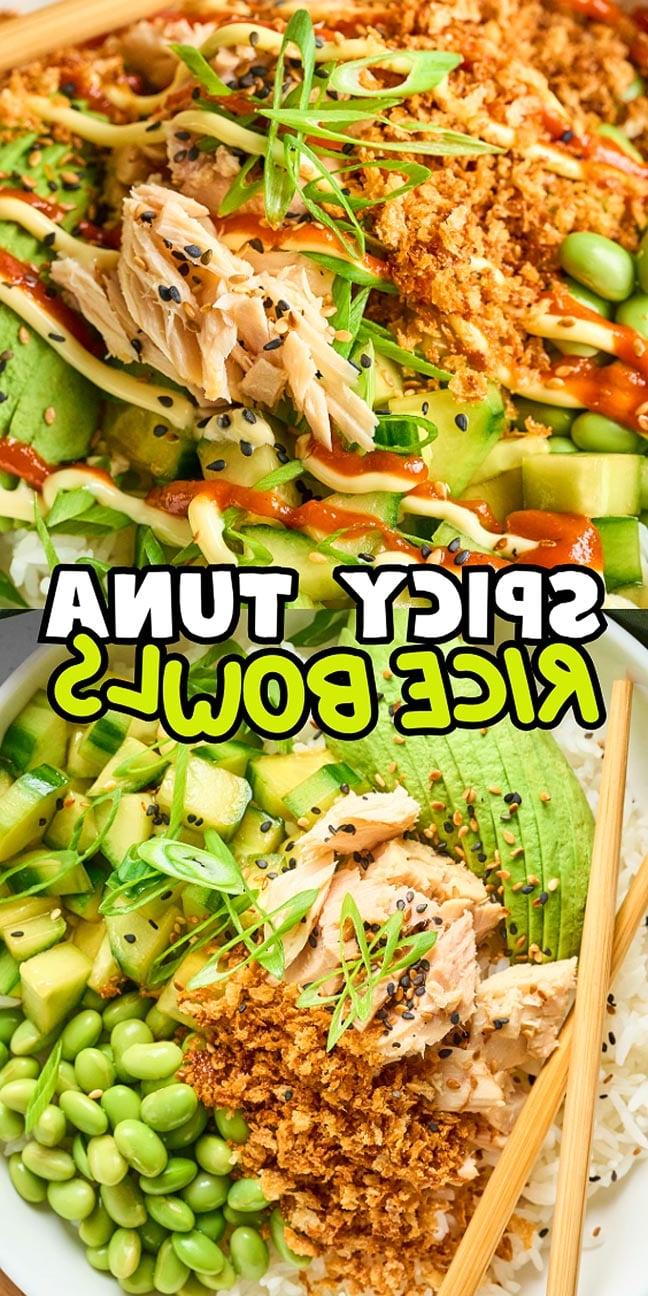 Ένα ζωντανό πικάντικο μπολ ρυζιού με τόνο που περιλαμβάνει ενταμάμε, κρεμώδες αβοκάντο, τριμμένο τόνο, σουσάμι και φρέσκα φρέσκα κρεμμυδάκια πάνω σε αφράτο ρύζι, όλα στεφανωμένα με μια ζεστή πικάντικη σάλτσα.