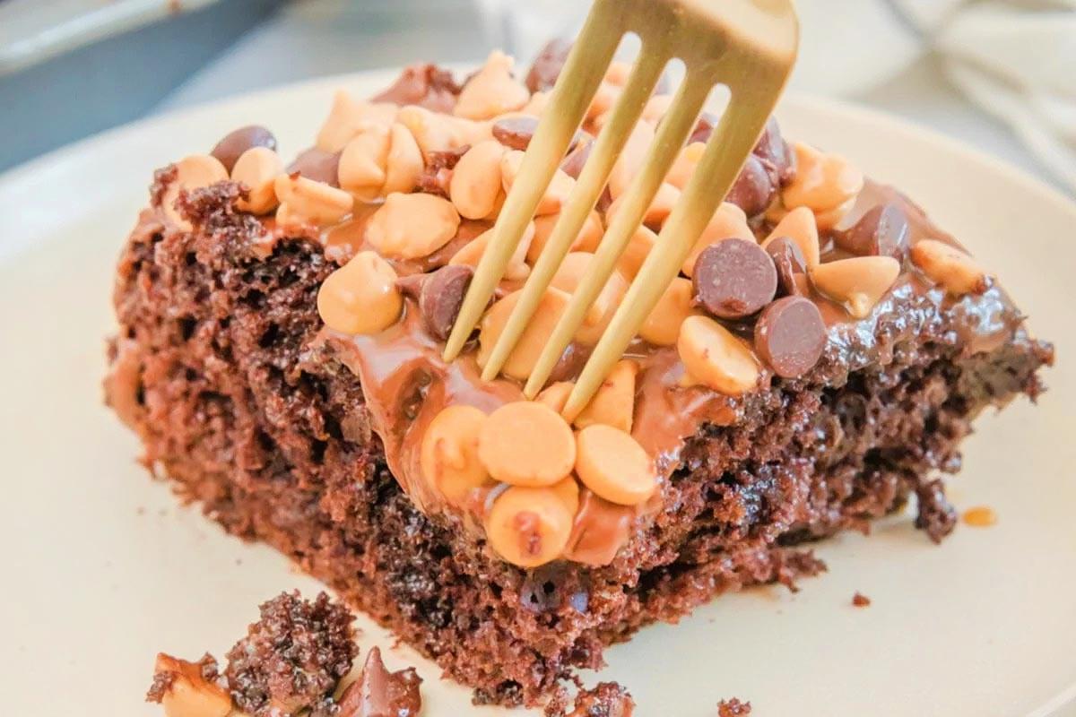 Caramel Chocolate Poke Cake.