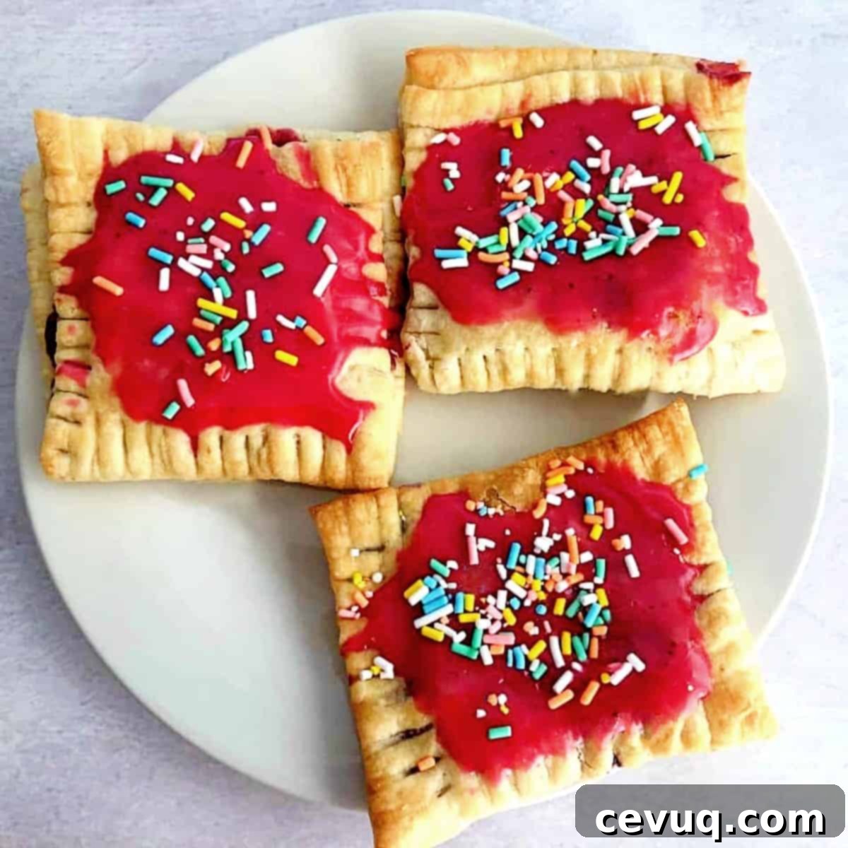 Ποπ Ταρτς στη Φριτέζα Αέρος 2 berry pop tarts made in the air fryer with berry icing and sprinkles on top.