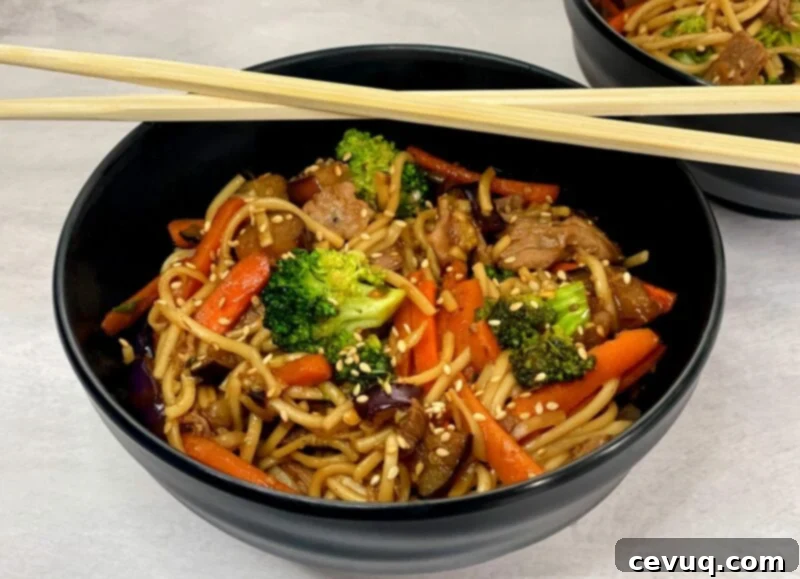 Ούτον Τηγανητό Νουντλς 4 ένα μπολ με udon noodles, μοσχάρι και λαχανικά