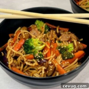 Ούτον Τηγανητό Νουντλς 7 ένα μπολ με udon noodles, μοσχάρι και λαχανικά
