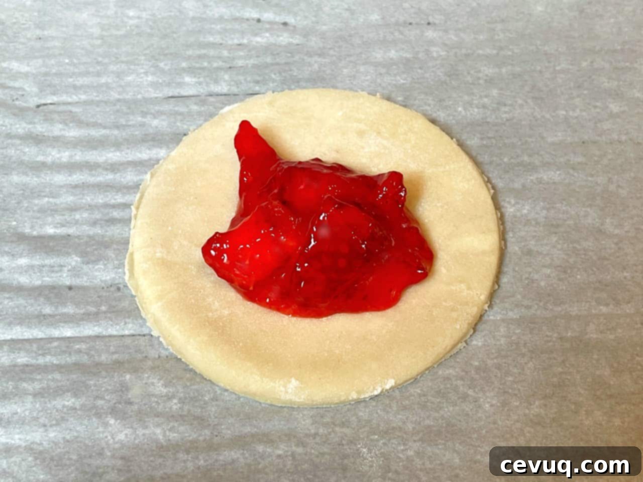 Φλογερές Φράουλες Ανέμου 5 round pie crust with strawberry filling in the middle.