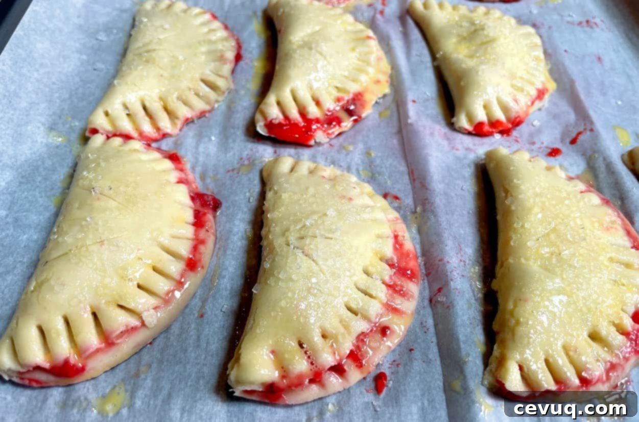Φλογερές Φράουλες Ανέμου 6 strawberry turnovers before baking.