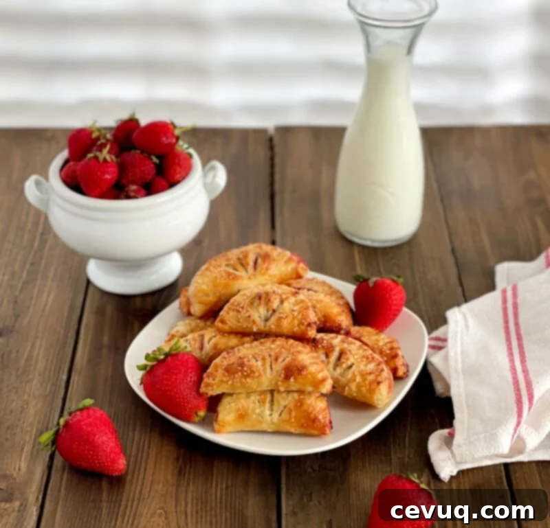 Φλογερές Φράουλες Ανέμου 9 air fryer strawberry turnovers on a table with fresh strawberries on the side.