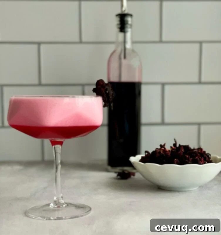 Πίσκο Σάουρ Ιβίσκου 4 Hibiscus pisco sour, dried hibiscus flowers, and hibiscus syrup