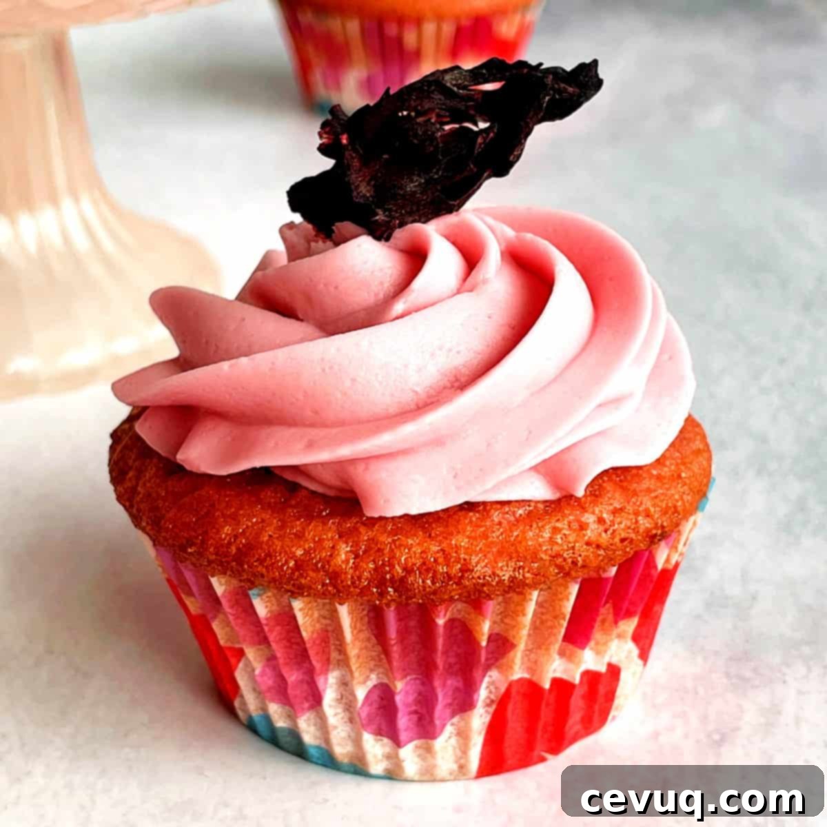 Κάπκεϊκς Ιβίσκου 2 cupcake ιβίσκου με αποξηραμένο άνθος ιβίσκου πάνω σε βουτυρόκρεμα ιβίσκου.