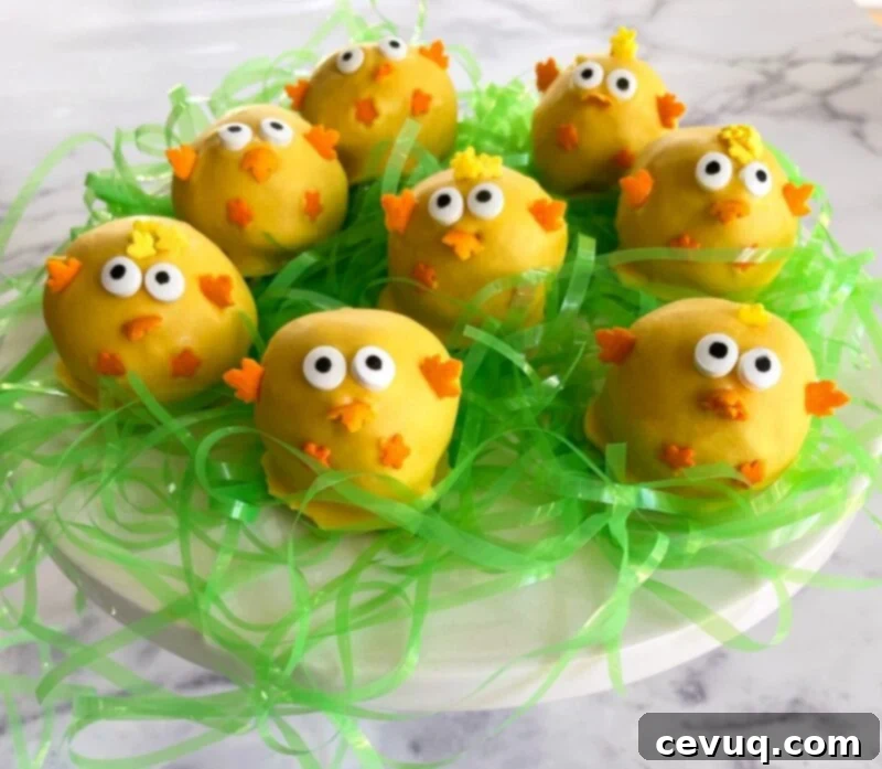 Κεκάκια Πουλάκια 2 Πασχαλινά cake pops κοτοπουλάκια σε πιατέλα με τεχνητό γρασίδι.