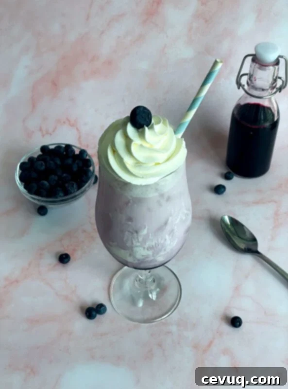 Ιταλική Σόδα Μύρτιλο 3 blueberry italian soda with whipped cream on top.