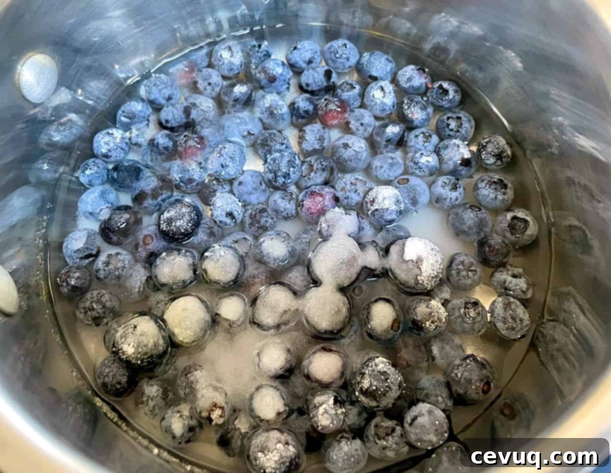 Απλό Σιρόπι Μύρτιλου 4 blueberries and sugar in a saucepan.