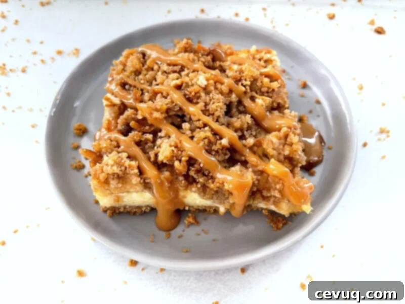 Μπάρες Τσιζκέικ με Κράμπλ Μήλου 3 Μπάρα cheesecake μήλου με σάλτσα καραμέλας.