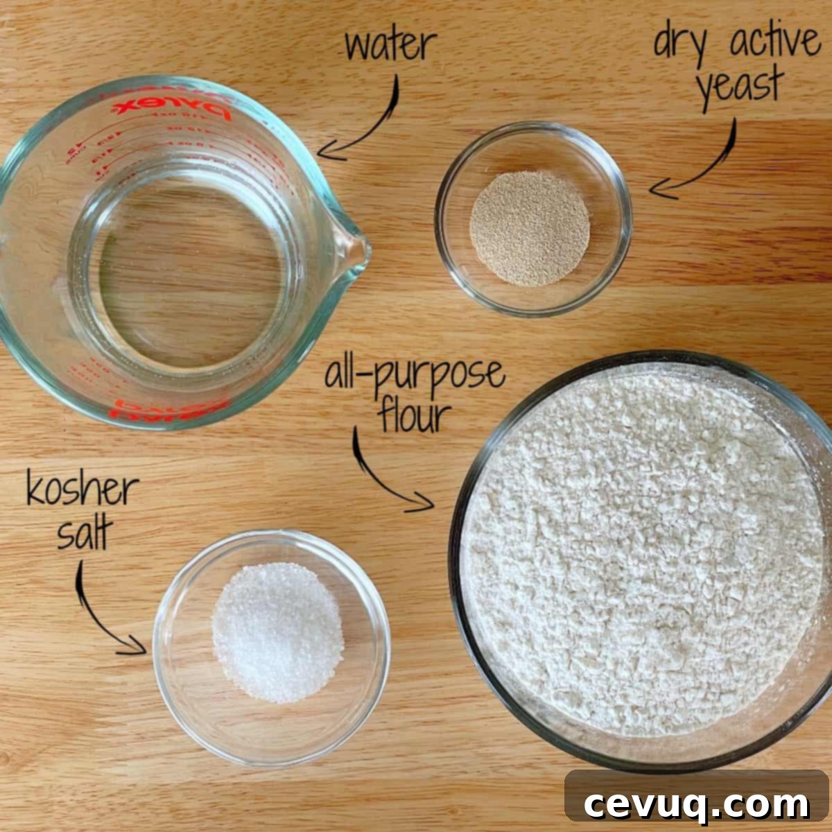 Συνταγή ζύμης πίτσας χωρίς ζύμωμα 3 key ingredients for wasy pizza dough.